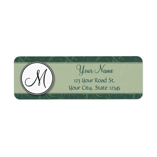 Emerald Teal Floral Wisps & Stripes with Monogram Return Address Label