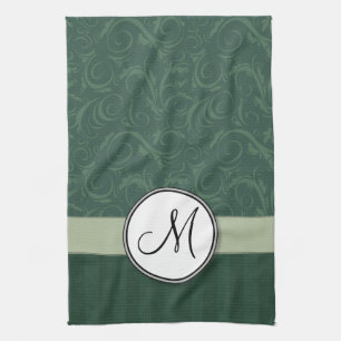 Emerald Teal Floral Wisps & Stripes with Monogram Tea Towel