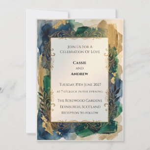 Emerald Teal Gold Ornate Abstract Wedding Invitation
