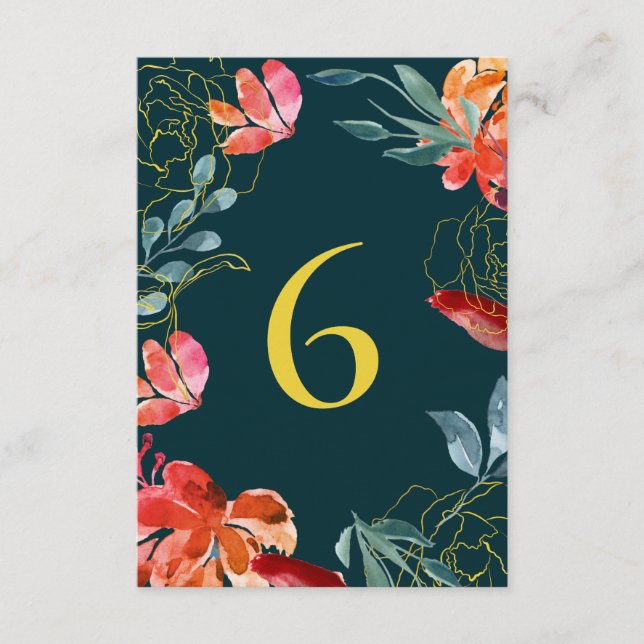 Emerald Teal Rust Gold Floral Wedding Table Number (Front)