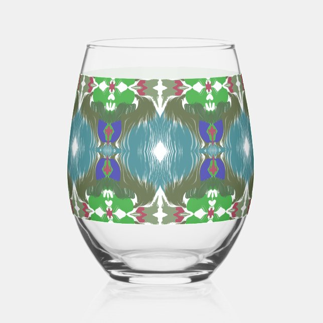 Emerald Tide Kaleidoscope Stemless Wine Glass (Front)