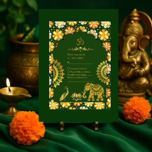Emerald traditional Marigold Hindu Wedding  RSVP Card