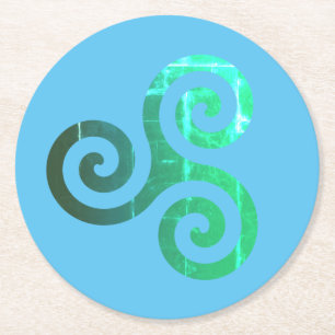 Emerald Triskele Ancient Celtic Symbol Sky Blue Round Paper Coaster