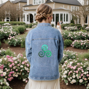 Emerald Triskele Ancient Celtic Symbol White Denim Jacket