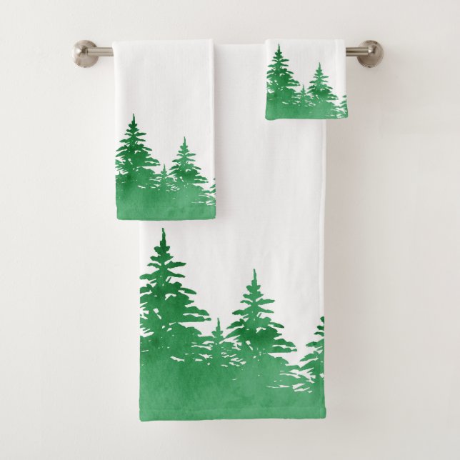 Emerald Watercolor Evergreen Trees  Bath Towel Set (Insitu)