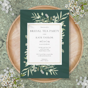 Emerald Watercolor Greenery Bridal Tea Party Invitation