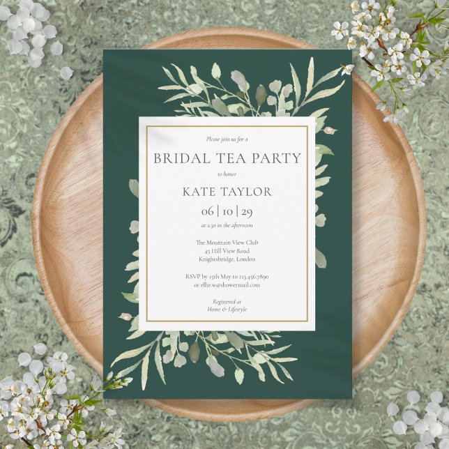 Emerald Watercolor Greenery Bridal Tea Party Invitation (Emerald Watercolor Greenery Bridal Tea Party Invitation)
