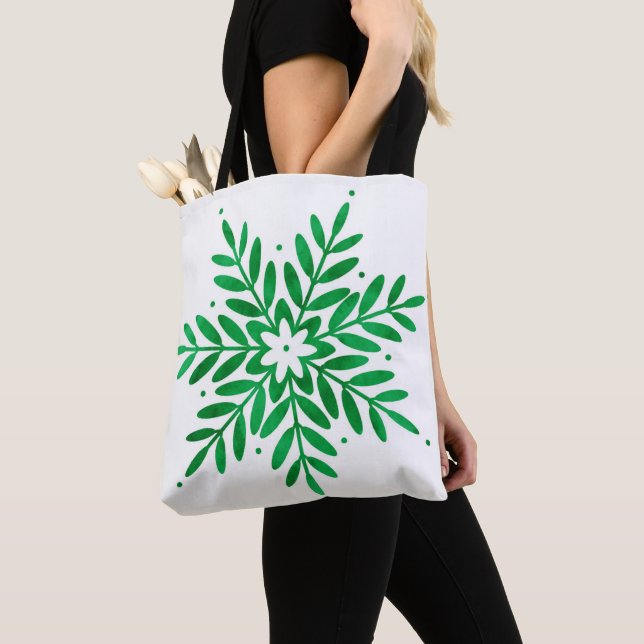 Emerald Watercolor Snowflake Tote Bag (Close Up)