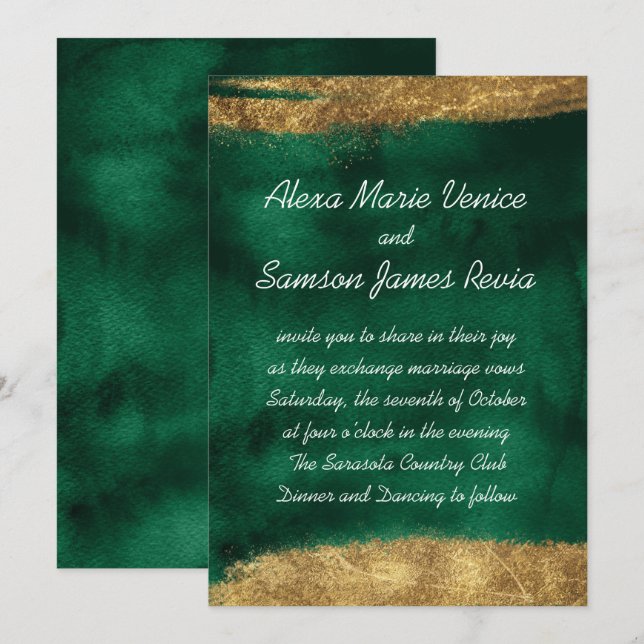 Emerald Watercolor with Gold Invitation (Front/Back)
