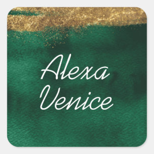 Emerald Watercolor with Gold Square Sticker