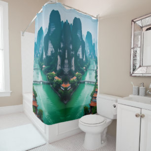 Emerald Waters & Mountain Views – Scenic Bathroom  Shower Curtain