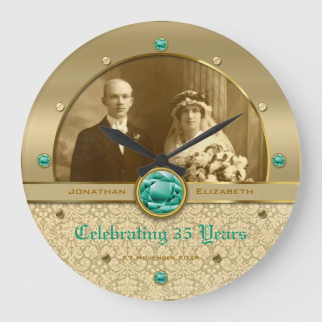 Emerald Wedding Anniversary Green Gem Damask Photo Large Clock (Front)