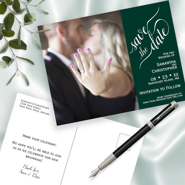 Emerald Wedding Save the Date Photo & Calligraphy Announcement Postcard (Creator Uploaded)