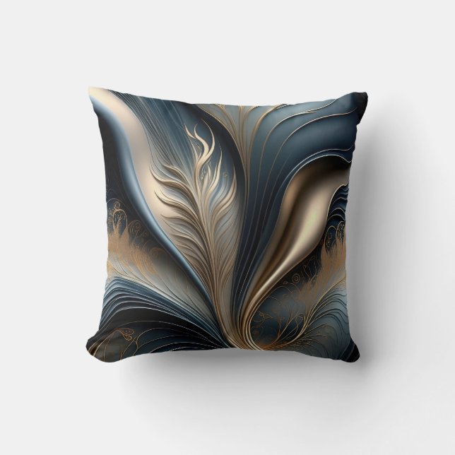 Emerald Whisper - Teal - Gold Abstract Floral Art Cushion (Front)