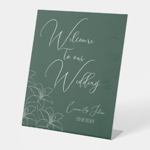 Emerald White Lilies Calligraphy Welcome Wedding Pedestal Sign
