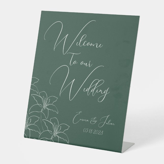 Emerald White Lilies Calligraphy Welcome Wedding Pedestal Sign (Front)