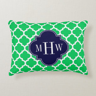 Emerald White Moroccan #5 Navy 3 Initial Monogram Decorative Cushion