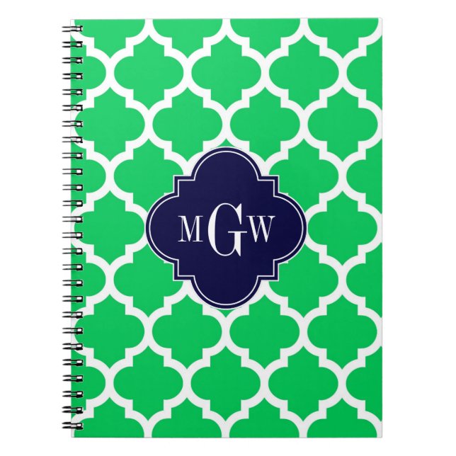 Emerald White Moroccan #5 Navy 3 Initial Monogram Notebook (Front)