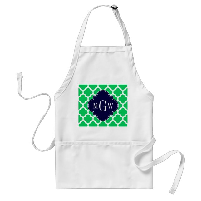 Emerald White Moroccan #5 Navy 3 Initial Monogram Standard Apron (Front)