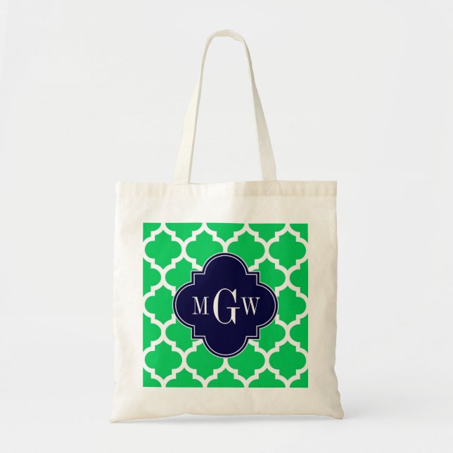 Emerald White Moroccan #5 Navy 3 Initial Monogram Tote Bag (Front)