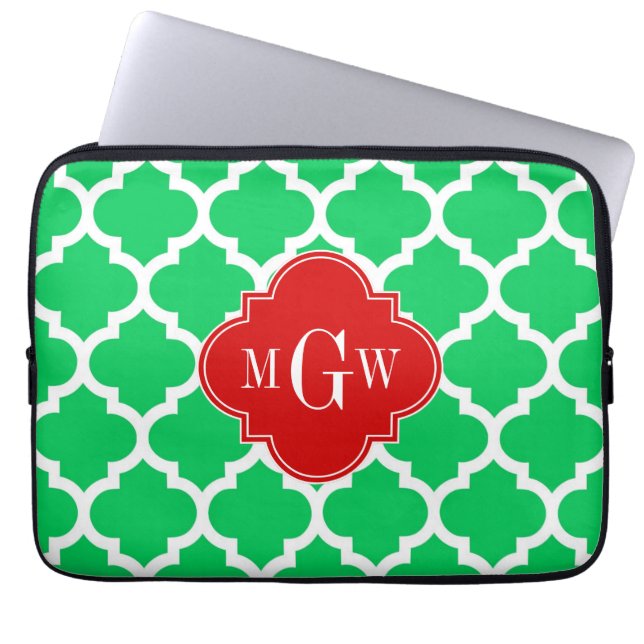 Emerald White Moroccan #5 Red 3 Initial Monogram Laptop Sleeve (Front)