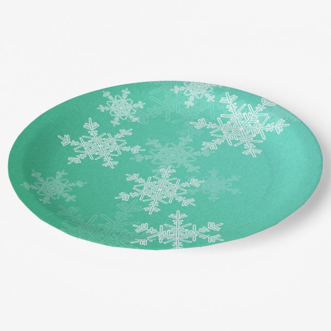 Emerald White Snowflakes Minimalist Christmas Name Paper Plate (Angled)