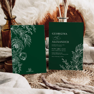Emerald White Vintage Botanical Floral Wedding Invitation