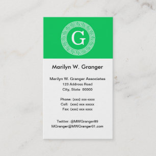 Emerald Wht Greek Key Rnd Frame Initial Monogram Business Card