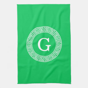 Emerald Wht Greek Key Rnd Frame Initial Monogram Tea Towel