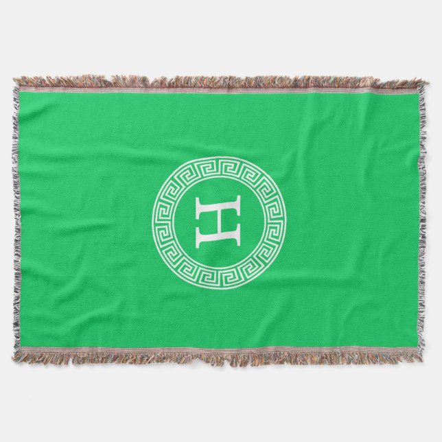 Emerald Wht Greek Key Rnd Frame Initial Monogram Throw Blanket (Front)