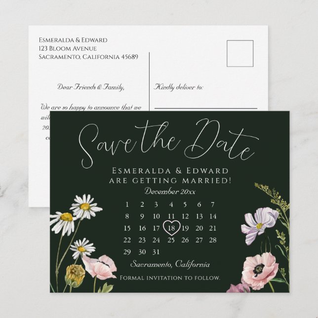 Emerald Wild Flower Wedding Calendar Save The Date Announcement Postcard (Front/Back)