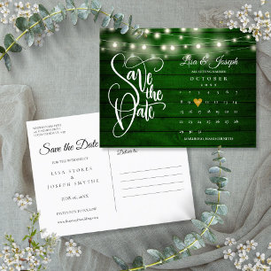 Emerald Wood String Lights Calendar Save the Date Announcement Postcard