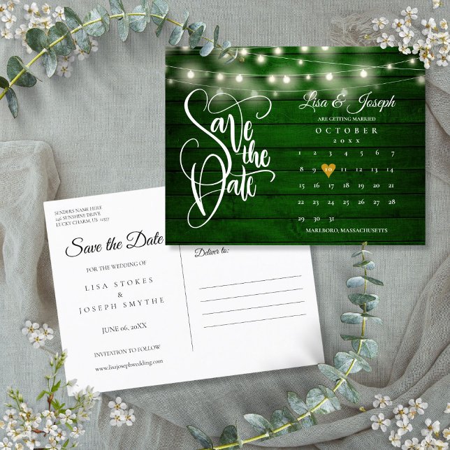 Emerald Wood String Lights Calendar Save the Date Announcement Postcard (Emerald Wood String Lights Calendar Save the Date Announcement Postcard)