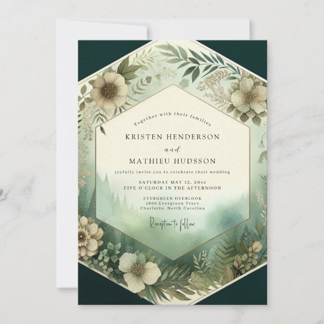 Emerald Woodland Bloom Wedding Invitation (Front)