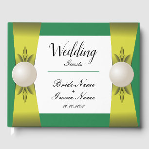 Emerald & Yellow Pearl Ribbon Monogram Wedding Guest Book