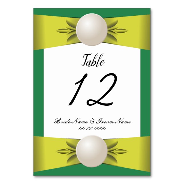 Emerald & Yellow Pearl Ribbon Wedding Table Number (Front)