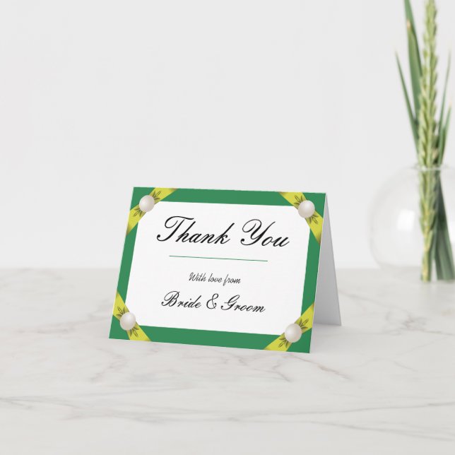 Emerald & Yellow Pearl Ribbon Wedding Thank You (Front)