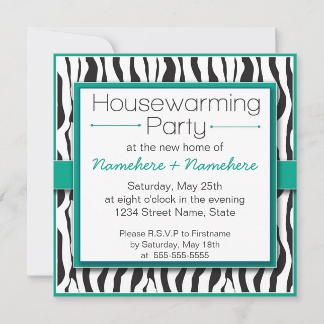 Emerald Zebra Print Housewarming Party Invitations (Front)