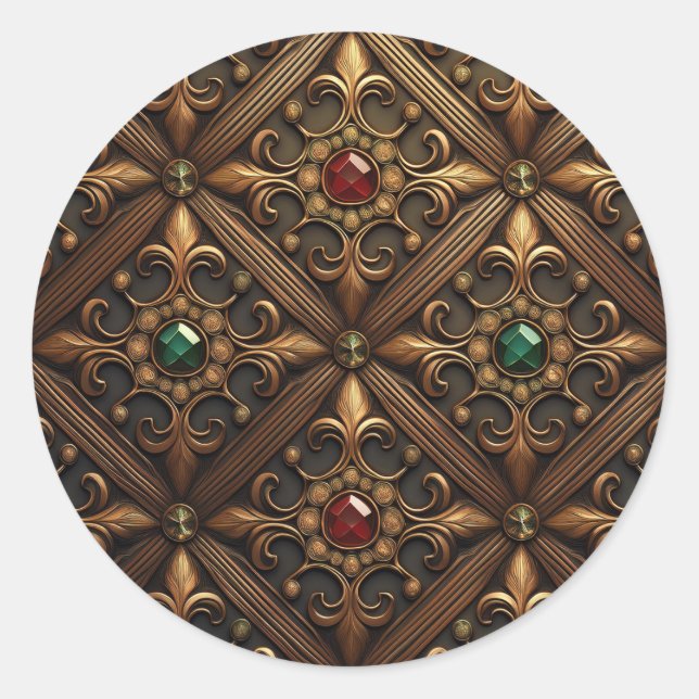 Emeralds And Rubies On A Golden Ornate Design Classic Round Sticker (Front)
