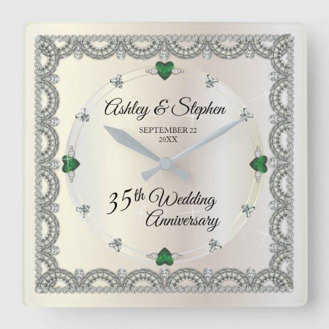 Emeralds | Diamonds 35th Wedding Anniversary Square Wall Clock (Front)