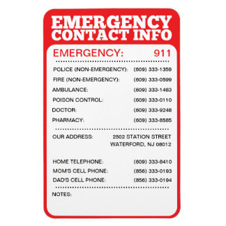 Emergency Contact Information List Magnet