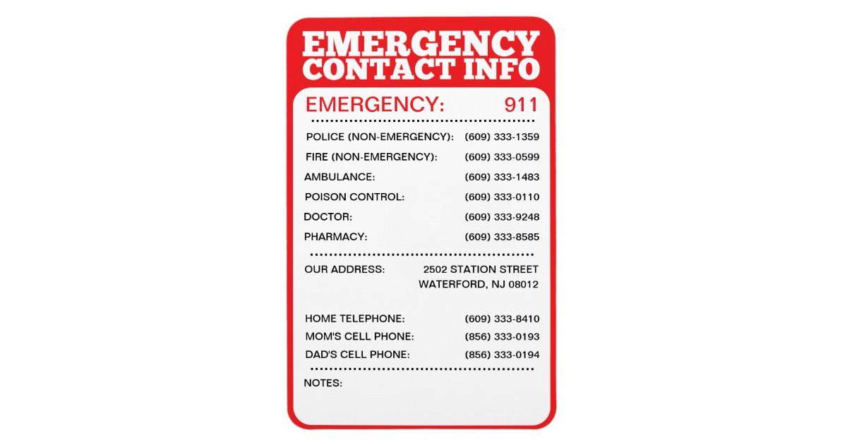 Emergency Contact Information List Magnet | Zazzle.com.au