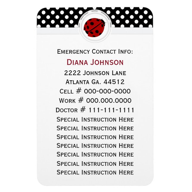 Emergency Contact: Ladybug And Polka Dot Magnet (Vertical)