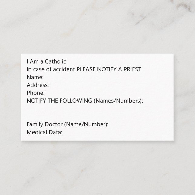 Emergency Data Card  (Front)