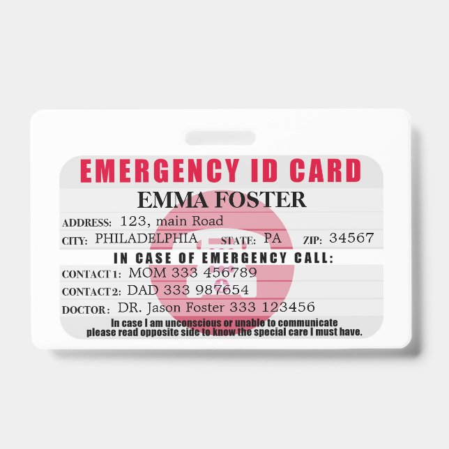 Emergency ID Medical Card Badge (Front)