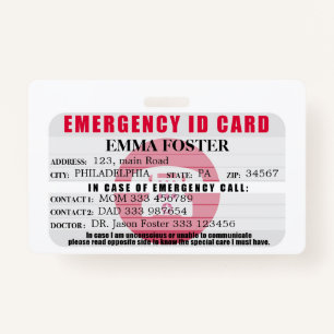Emergency ID Medical Card Badge ID Badge