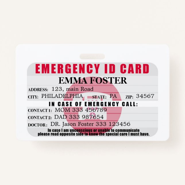 Emergency ID Medical Card Badge ID Badge (Front)