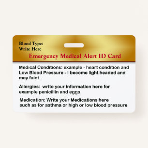Emergency Medical Alert Contacts ID Card Custom ID Badge