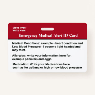 Emergency Medical Alert ID Card Custom ID Badge