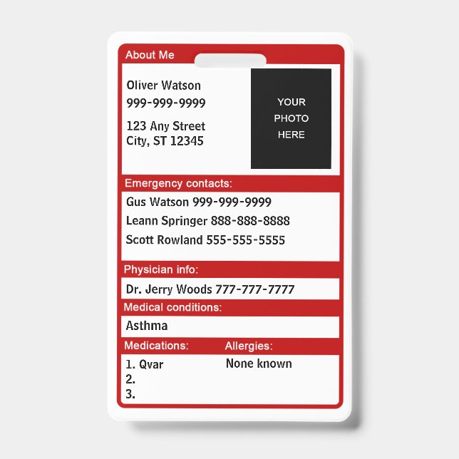 Emergency Medical ID Card Badge (Front)